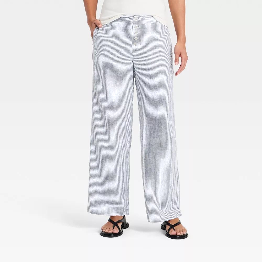 Women's Mid-Rise Linen Straight Leg Pull-On Pants - Universal Thread Blue Stripe